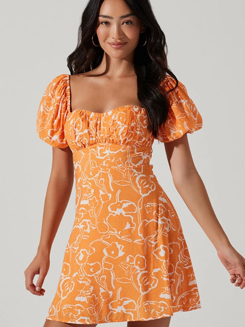 ASTR the Label Orange Floral Puff-Sleeve Mini Dress